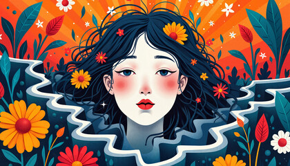 Elegant Young Woman with Floral Crown Against Vibrant Sunset Flora