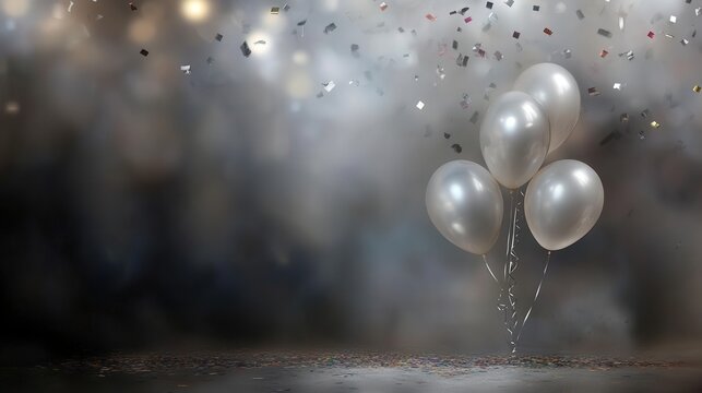 Party Background with lights, confetti, balloons and ribbon, black and white
