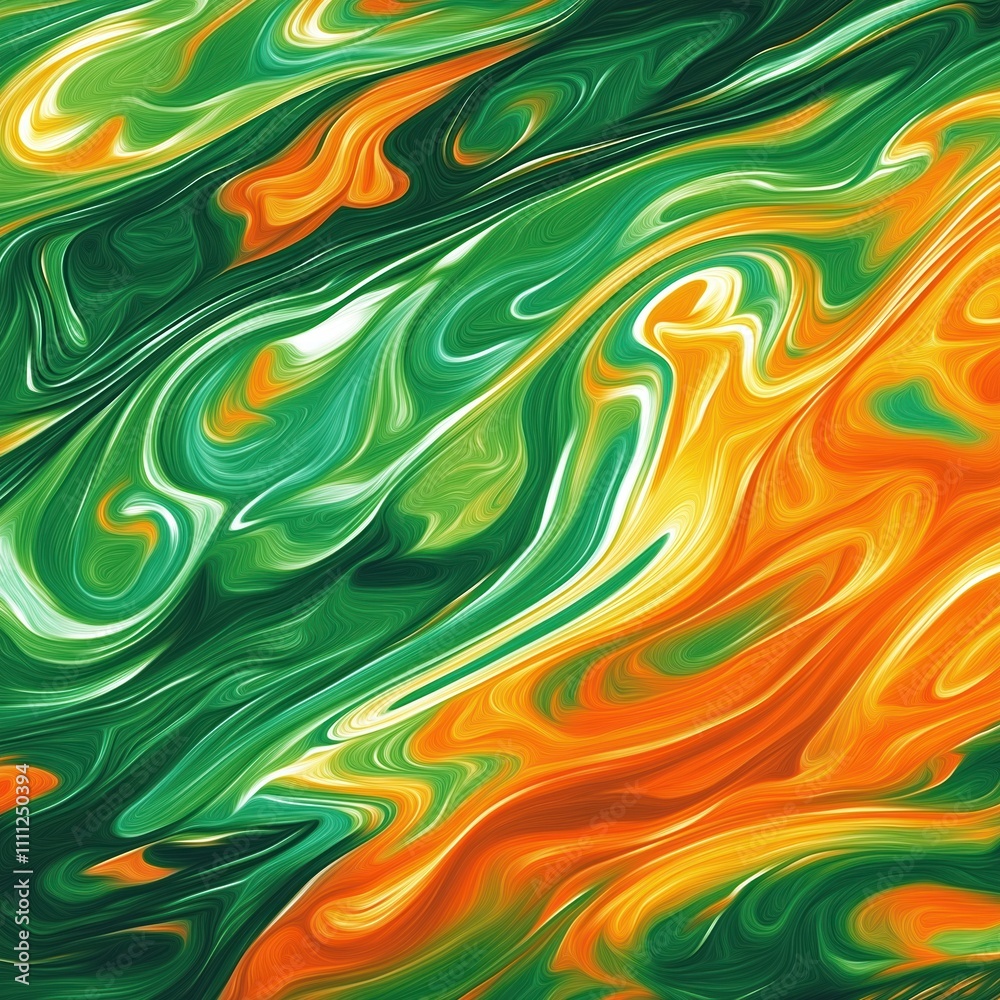 Poster Abstract design with vibrant green orange yellow swirls. Modern art style. Perfect background for various projects. Dynamic colors create energetic visuals. Stylish abstract pattern. Colorful