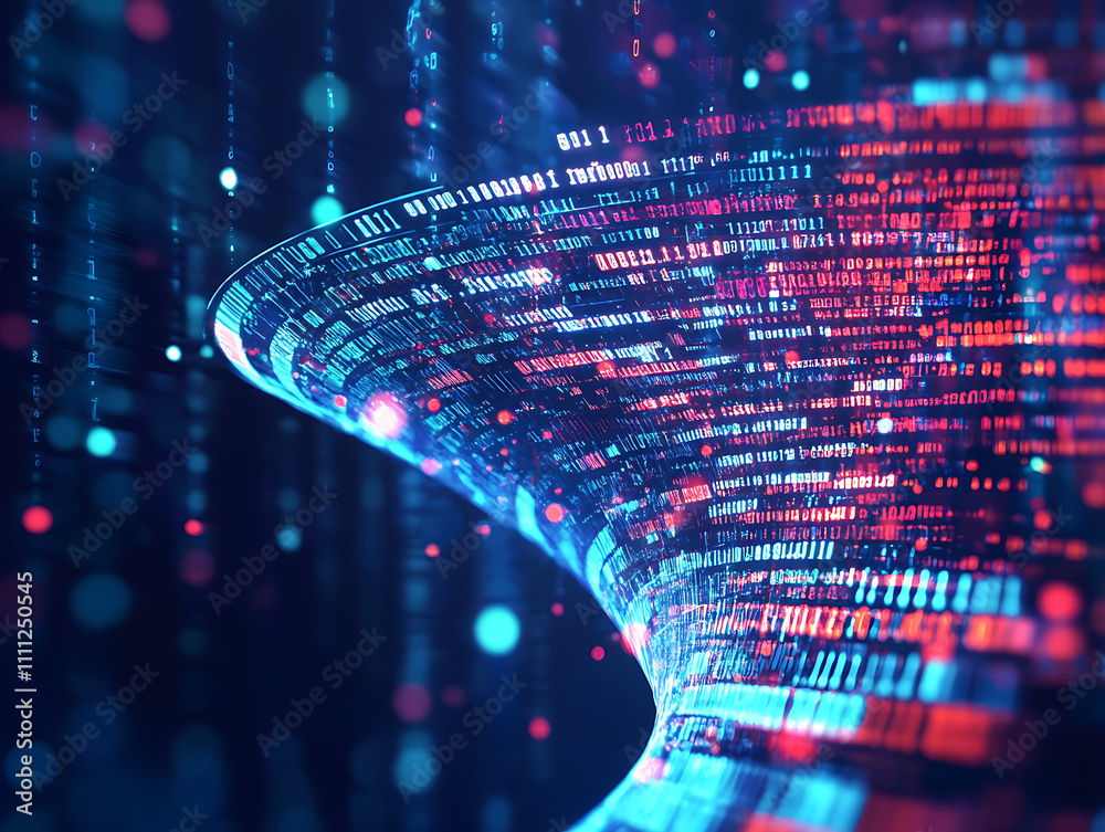 Poster Big data technology and information funnel concept, large digital funnel with online data as process of data collection, analysis, and transformation into useful information, modern, digital style