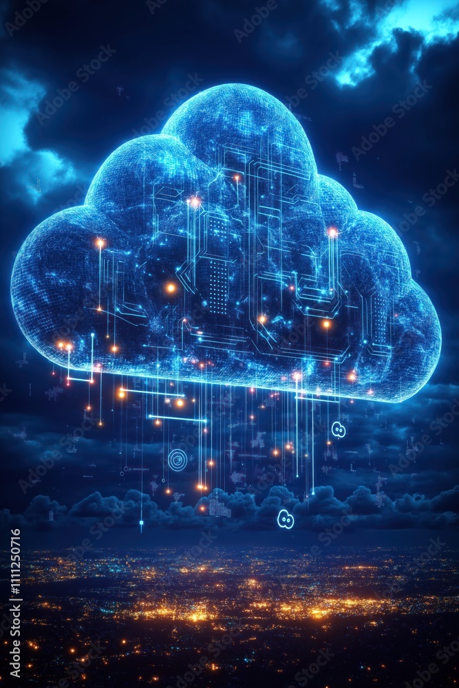 Aufkleber Futuristic cloud computing illustration shows glowing data connections. City lights below highlight tech innovation. Glowing circuit patterns inside large digital cloud. Abstract representation of