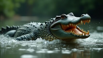 Obraz premium A crocodile lunging to capture its prey, showcasing its power and predatory nature in the water.