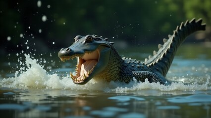 Obraz premium A crocodile lunging to capture its prey, showcasing its power and predatory nature in the water.