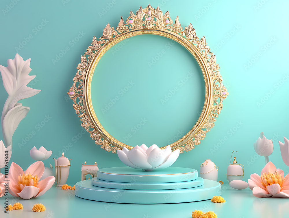Aufkleber 3d render pongal festival elements over podium and empty circular frame on glossy light turquoise ba