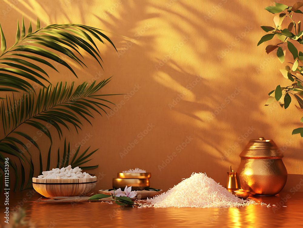 Poster 3d render of mattu pongal festival elements on copper background and copy space