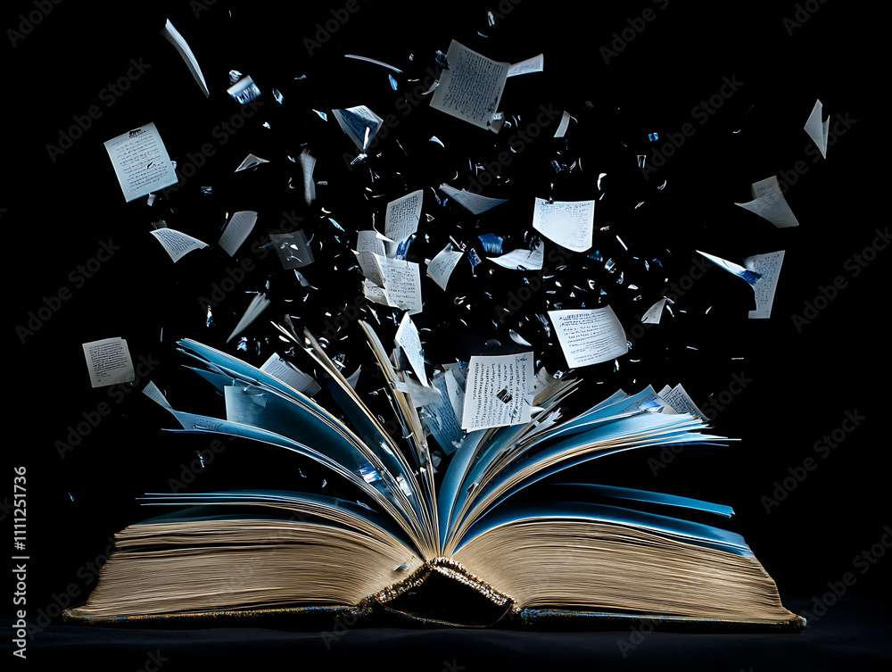 Poster a blue open book with pages flying from it