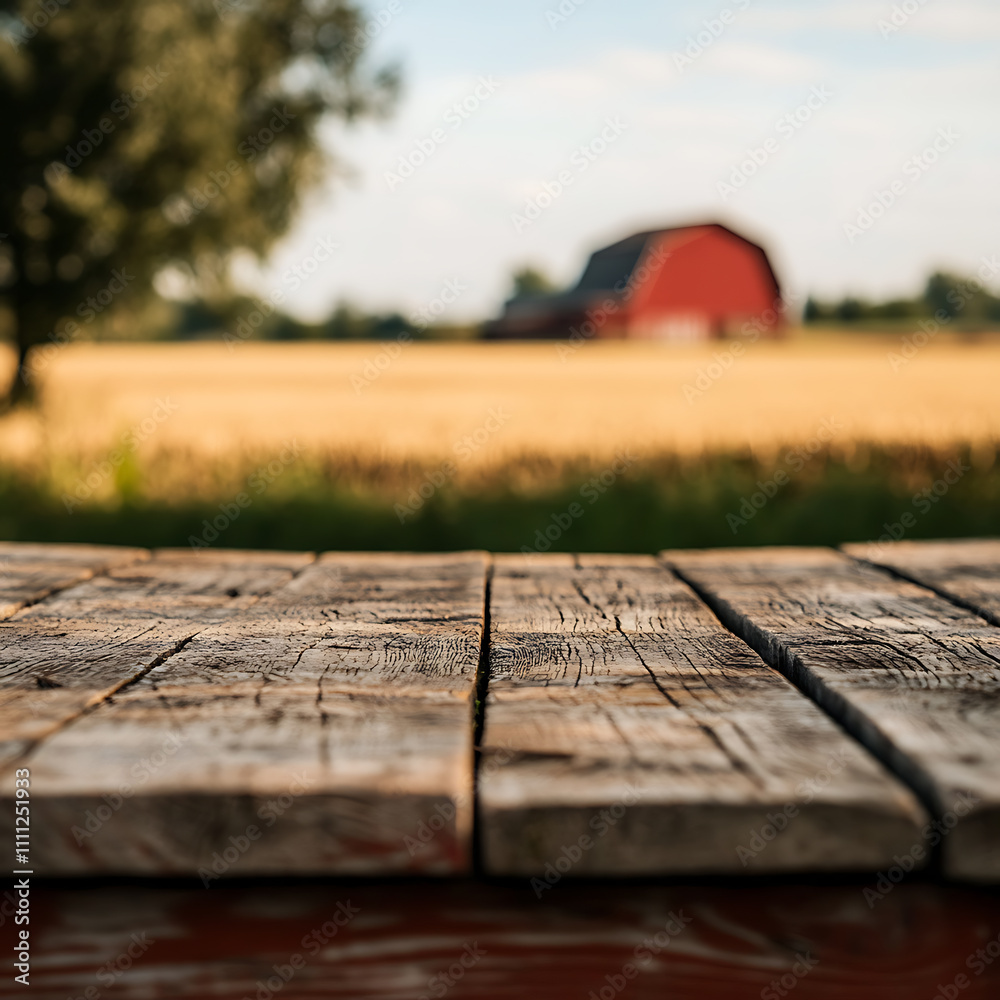 Poster A close up of a rustic empty wooden table with blurred farm background