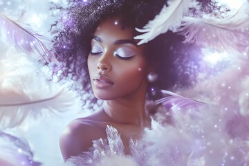 ethereal portrait of a black woman with a radiant afro and soft lavender tones featuring glowing skin and celestial makeup