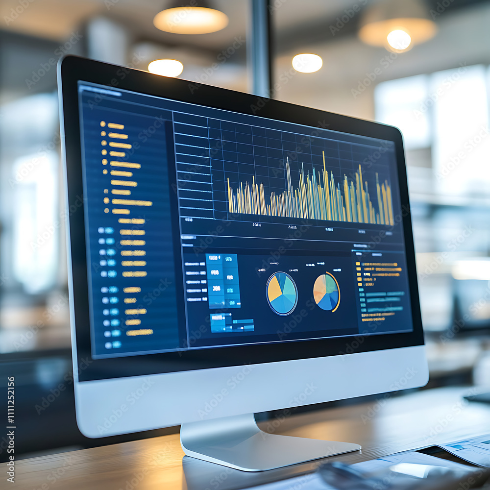 Poster A computer monitor displaying various graphs and data analysis charts, with a blurred office background, symbolizing business analytics