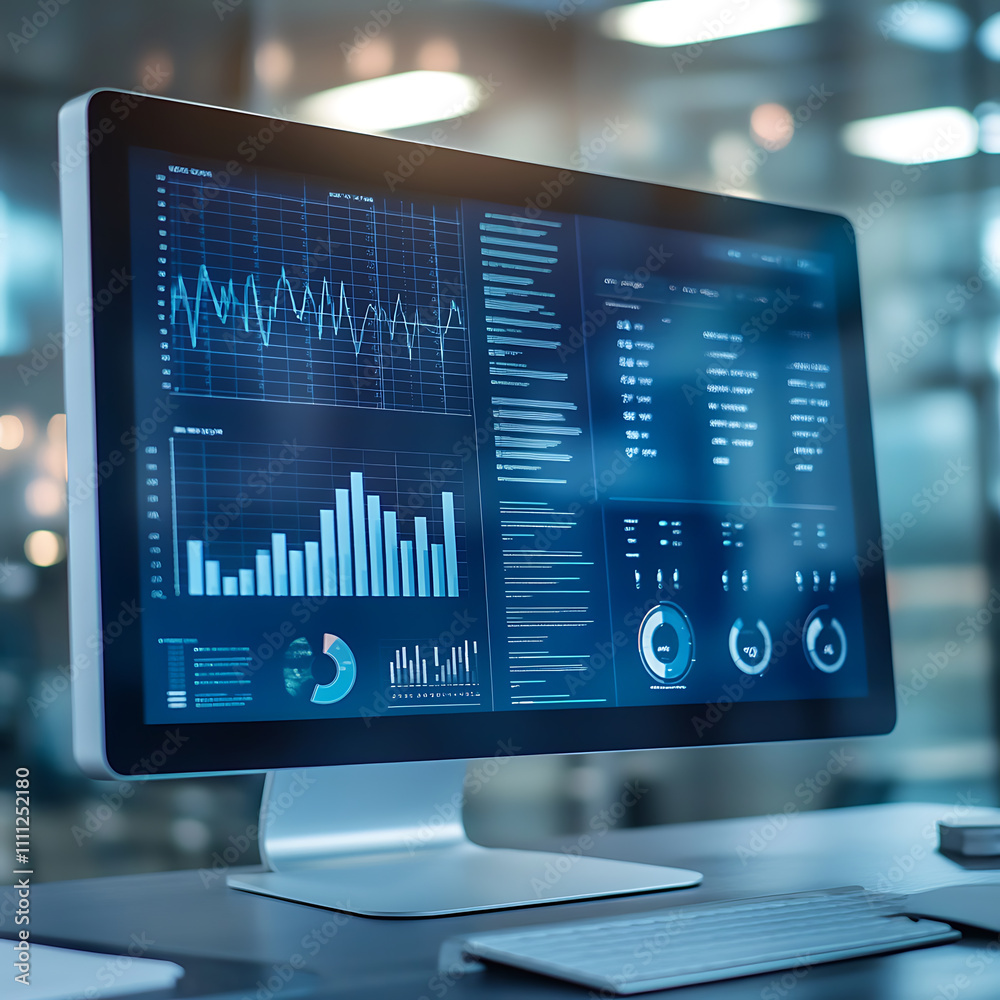 Fototapete A computer monitor displaying various graphs and data analysis charts, with a blurred office background, symbolizing business analytics