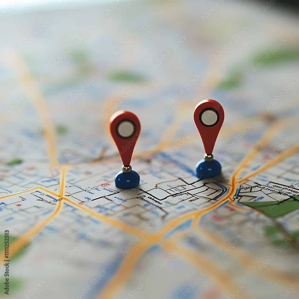 Poster A detailed map displaying a specific location marked with two vibrant pins, symbolizing the starting and destination points in a gps navigation system used for efficient route planning and guidance