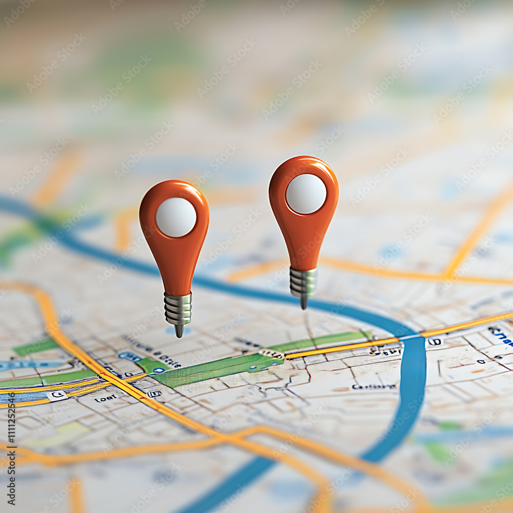 Leinwandbilder A detailed map displaying a specific location marked with two vibrant pins, symbolizing the starting and destination points in a gps navigation system used for efficient route planning and guidance