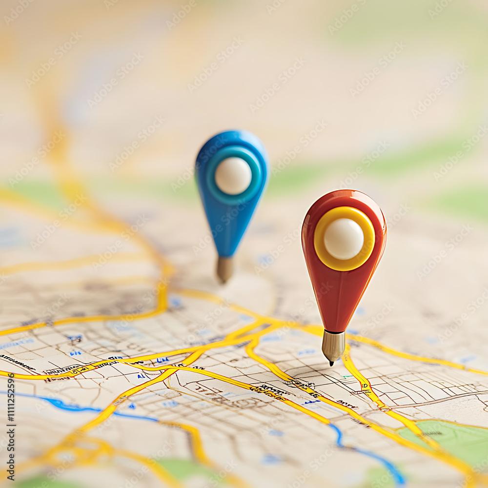 Poster A detailed map displaying a specific location marked with two vibrant pins, symbolizing the starting and destination points in a gps navigation system used for efficient route planning and guidance