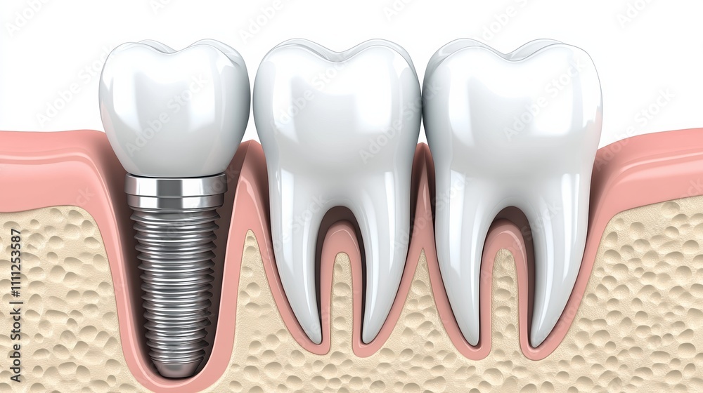Poster Rendering showcases a dental implant placed next to a healthy tooth, emphasizing their structures and functionality in dental care. Generative AI