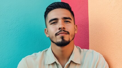 Obraz premium Relaxed Portrait of a Young Hispanic Man with Goatee in Casual Shirt with Smooth Colorful Background