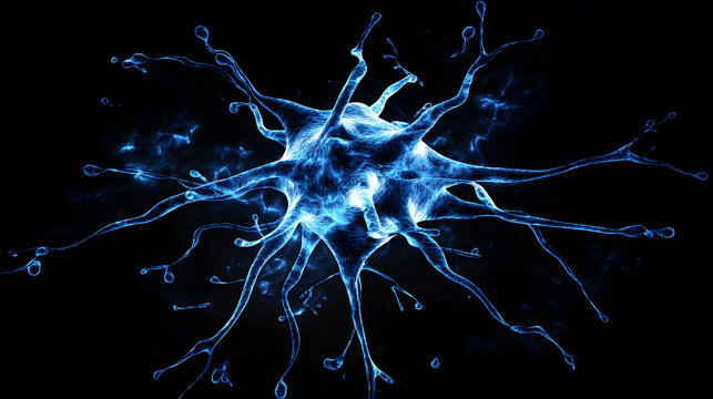 A visually striking abstract image resembling a neuron structure exploding in blue hues against a deep black background