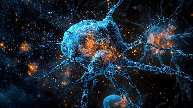 A visually striking abstract image resembling a neuron structure exploding in blue hues against a deep black background