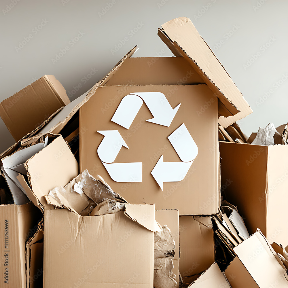 Poster a pile of assorted paper and cardboard materials marked with the universal recycling symbol, set aga