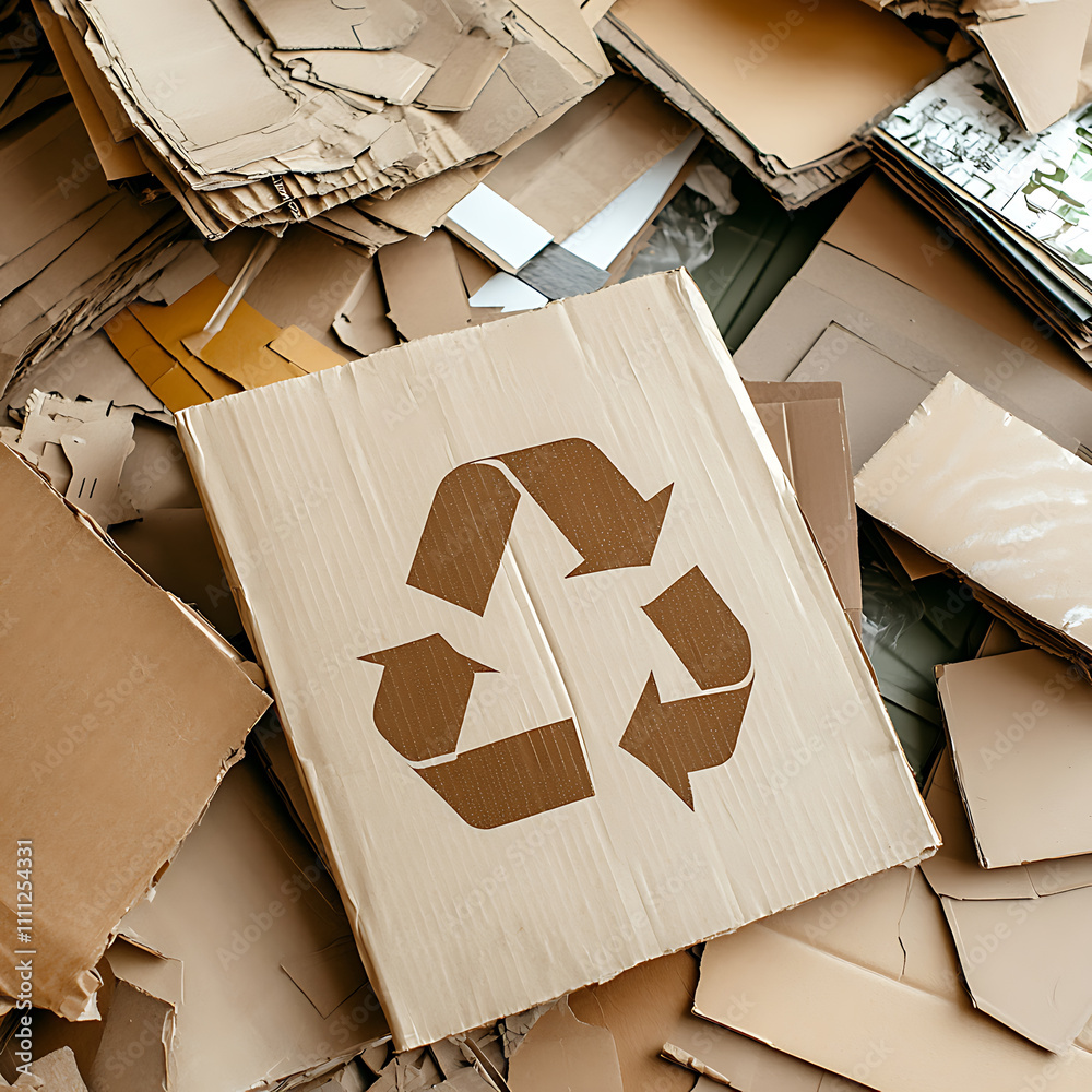 Poster A pile of assorted paper and cardboard materials marked with the universal recycling symbol, set against a neutral background to promote environmental conservation and sustainable practices