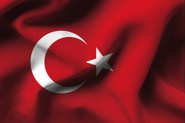 Obraz premium Türkiye flag made of cloth pattern. A conceptual map depicting dialogue with the international community. Basemap and background concept. Double exposure 3D image.