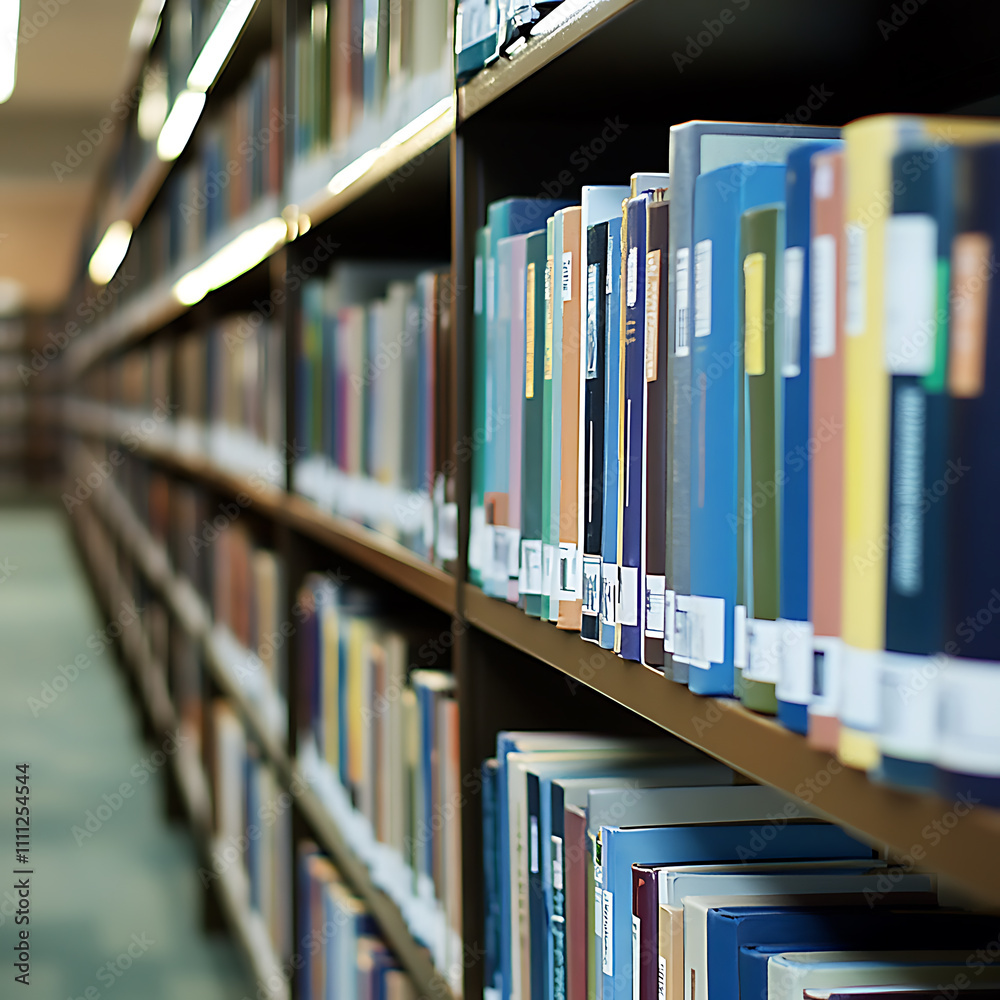 Poster A shot of a row of neatly arranged library books on a shelf