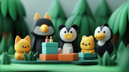 Cute and Colorful Animal Figurines Celebrating a Birthday in a Whimsical Forest Setting with Gifts, Candles, and Cheerful Atmosphere