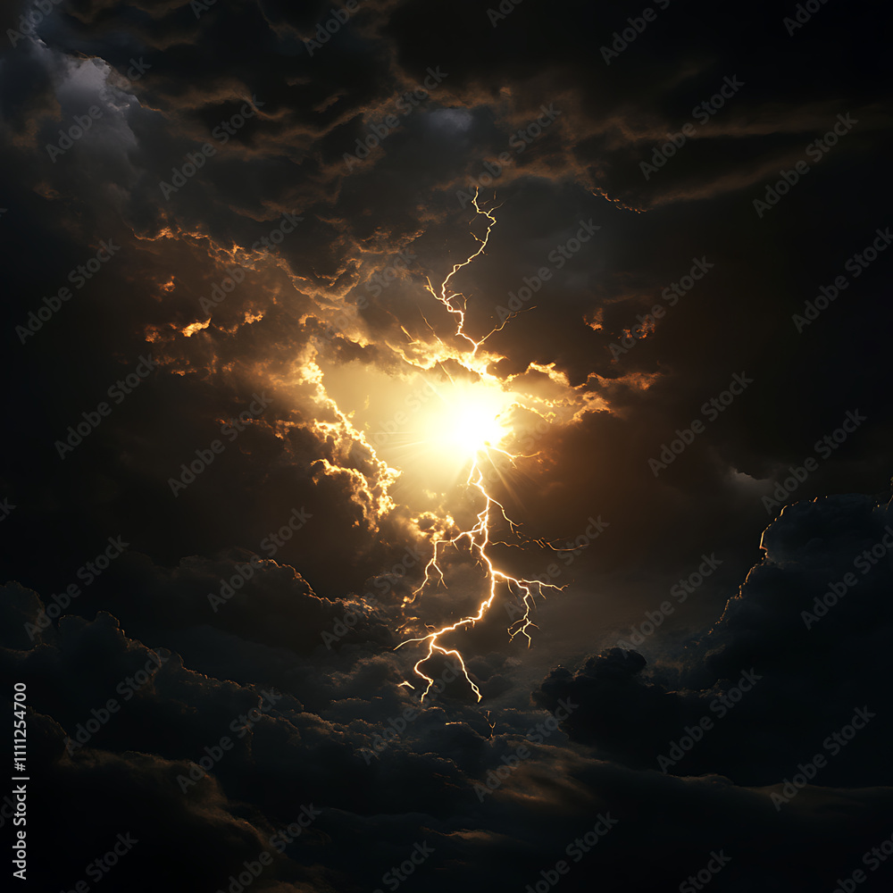 Aufkleber a stormy dark sky with black clouds and sparkling lightning from behind which the sun and direct sun