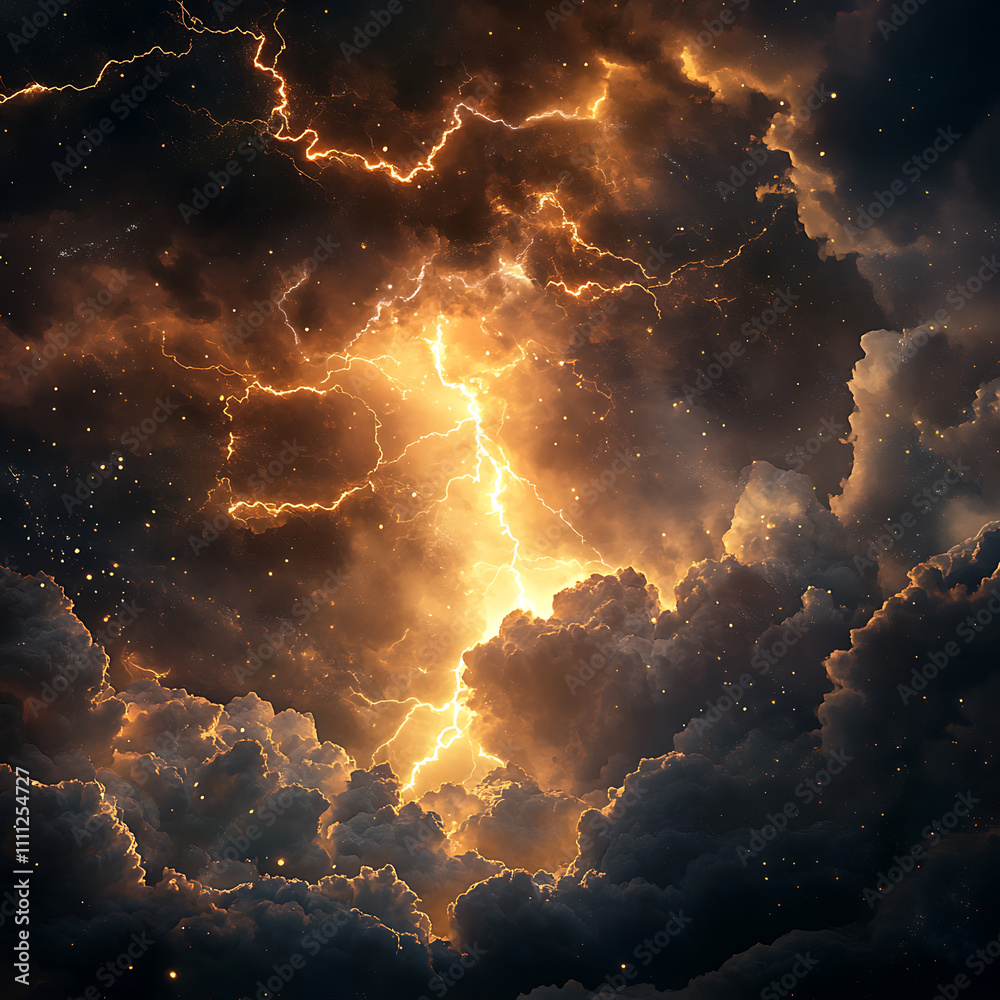 Poster a stormy dark sky with black clouds and sparkling lightning from behind which the sun and direct sun