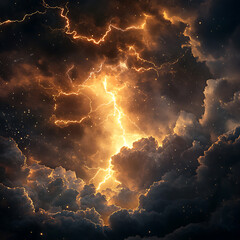Obraz premium A stormy dark sky with black clouds and sparkling lightning from behind which the sun and direct sunlight are visible
