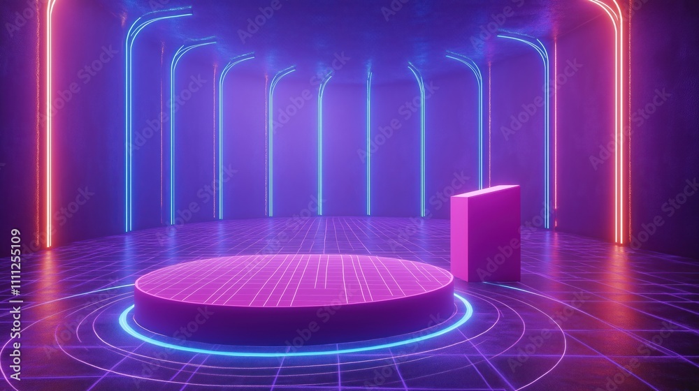 Poster empty room with neon lights. purple walls with blue, pink neon lines. pink digital podium on floor. 