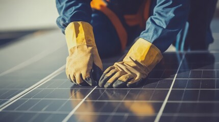 Worker in Protective Gloves Installing Solar Panels on a Rooftop, Focusing on Renewable Energy Solutions and Sustainable Technology for a Greener Future