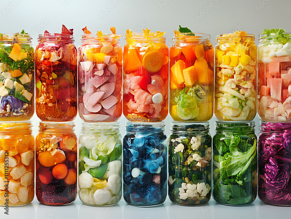 Poster a vibrant collection of assorted fermented foods displayed in clear glass jars, featuring a colorful