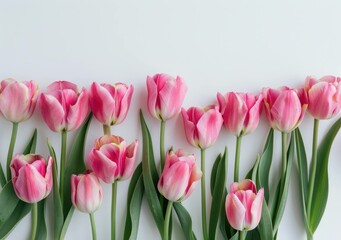 Fototapeta premium Beautiful arrangement of pink tulips with green leaves on a white background, symbolizing spring's freshness and beauty in floral design.