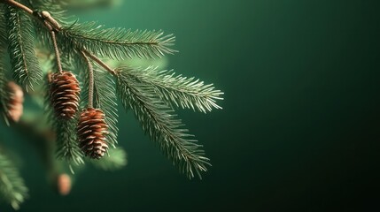 Fototapeta premium Christmas tree branch with garland in front of green background.