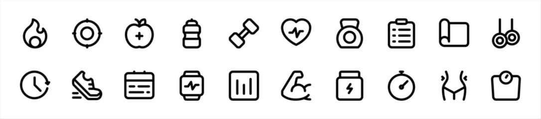 Fototapeta premium Set of fitness app icons. 20 sets of fitness app icons. Fitness app icons. Simple line fitness app icons 
