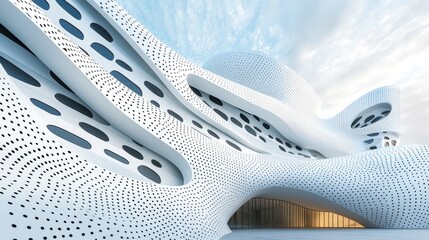 Contemporary Architectural Design Featuring Smooth Curves and Perforated Facades Under a Bright Sky, Showcasing Innovative Building Techniques and Sustainability