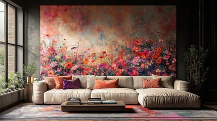 Here's a possible  and keyword list for your stock photo.. Modern living room with large floral wall art.
