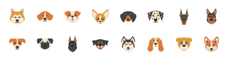 Fototapeta premium Set of dog breed icons. 16 sets of dog breed icons. Dog breed icons. Simple Flat dog breed icons 