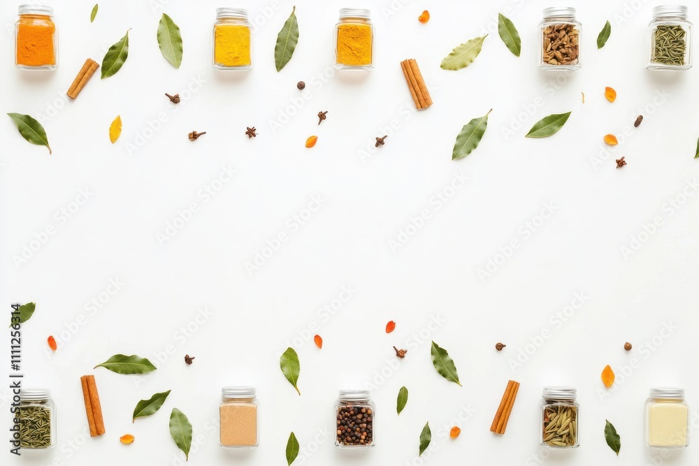 Poster Display of small jars filled with vibrant spices, surrounded by bay leaves and cinnamon sticks, creating an aromatic arrangement with space for text. Generative AI