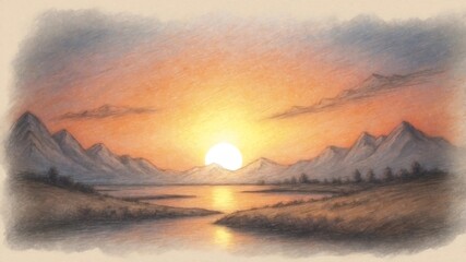 Artistic Sunset Illustration Wallpaper with Detailed Sketch Lines and a Dreamy Atmosphere