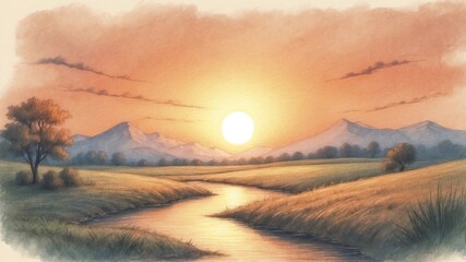 Obraz premium Artistic Sunset Illustration Wallpaper with Detailed Sketch Lines and a Dreamy Atmosphere