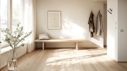 Minimalist Sunlit Interior with Wooden Bench and Cozy Decor in a Bright Room with Large Windows and Natural Light