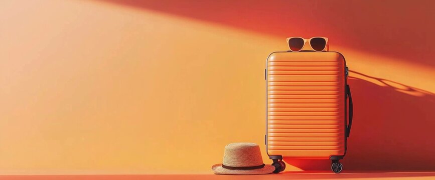 Stylish orange suitcase with sunglasses and hat on a vibrant backdrop, symbolizing travel and adventure ready for summer vacation.
