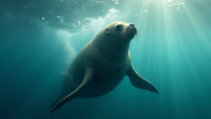 Fototapeta premium An elephant seal swimming through the water, showcasing its agility and power in its aquatic environment.