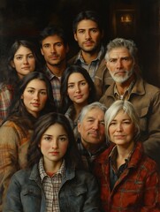Fototapeta premium Generational family portrait indoor home setting. Parents grandparents, children look at camera. Family members wear casual clothing. Warm lighting suggests cozy home atmosphere. Portrait captures