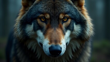 Fototapeta premium A close-up of a wolf's face, focusing on its piercing eyes and textured fur, reflecting strength and intelligence.