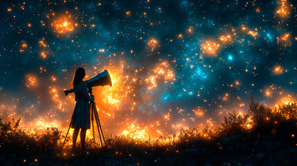 Female Astronomer Gazing at the Stars with a Telescope Against a Cosmic Scene