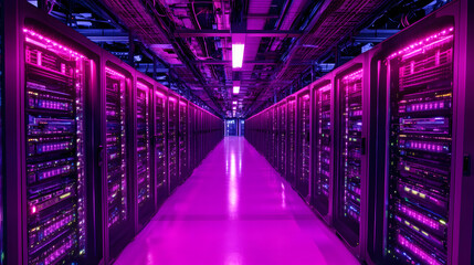 
Inside Large Data Center. Advanced Cloud Computing Concept. Corridor with Server Racks and Cabinets full of Hard Drives