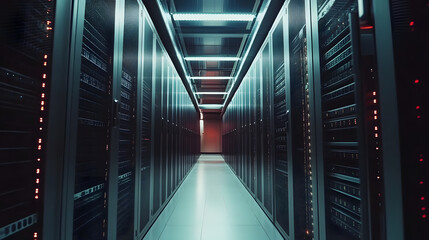 Fototapeta premium Inside Large Data Center. Advanced Cloud Computing Concept. Corridor with Server Racks and Cabinets full of Hard Drives