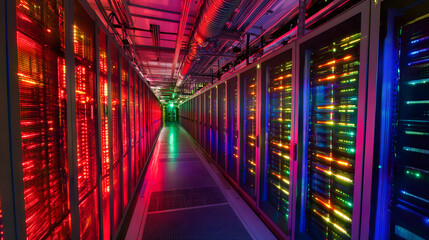 Fototapeta premium Inside Large Data Center. Advanced Cloud Computing Concept. Corridor with Server Racks and Cabinets full of Hard Drives